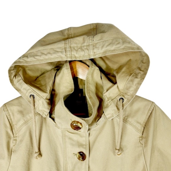 Gap Khaki Trench Coat Large Removable Hood 100% Cotton Preppy - Picture 3 of 15